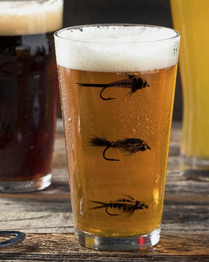 Black Lantern Fly Fishing Pint Glass – 16 oz Craft Beer Glass with Assorted Fishing Fly Lure Print – Heavy Base Angler Barware