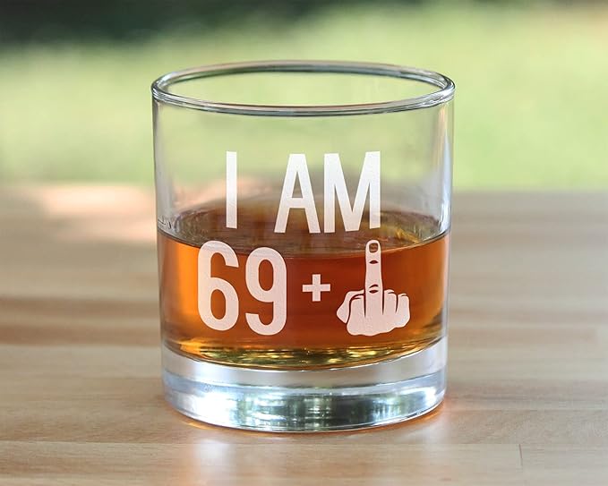 Bevvee 69 + 1 Middle Finger - Funny 70th Birthday Whiskey Rocks Glass Gifts for Men & Women Turning 70 - Fun Whisky Drinking Tumbler