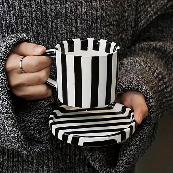 Tea Cup and Saucer, Ceramic 8 oz coffee mug, Dishwasher Safe and Microwave Safe, Black and White, Set of 2
