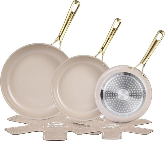 Chef Power Ceramic Frying Pan with Stainless Steel Handle 5Pcs Set, Non Stick Grill Pan Set, Dishwasher and Oven Safe, Taupe and Light Gold Handle