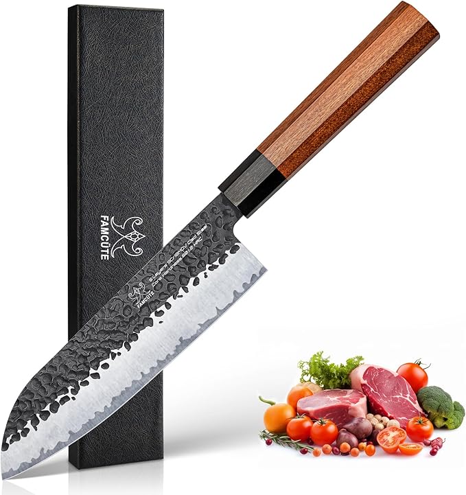 Santoku Knife 7 inch, Hand Forged 5 Layers 9CR18MOV High Carbon Steel Professional Kitchen Knife, Ultra Sharp Rosewood Handle Japanese Chopping Knife As a Thoughtful Christmas Gift for Dad/Mom