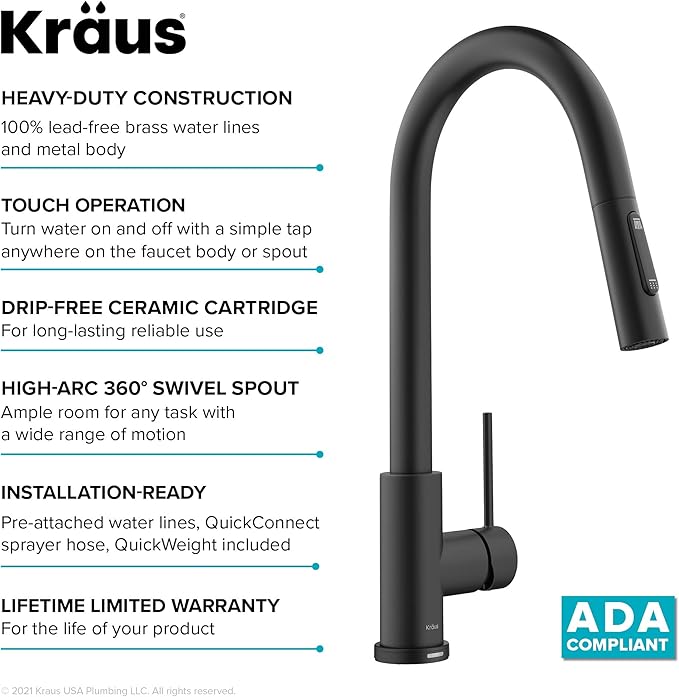 KRAUS Oletto Contemporary Single-Handle Touch Kitchen Sink Faucet with Pull Down Sprayer in Matte Black, KTF-3104MB