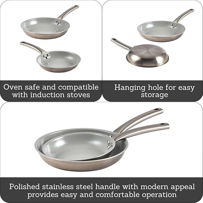 IMUSA 8” & 10” Stainless Steel Frying Pan Set with Gray Ceramic Non Stick Coating, 2 Ply Aluminum Construction, Oven Safe and Induction Compatible Skillet Duo