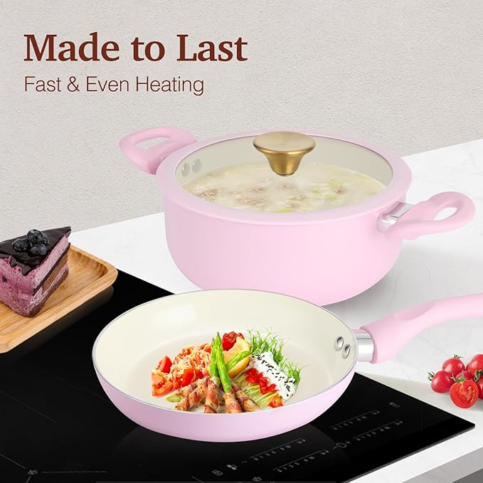 Pots and Pans Set Non Stick, Pink Ceramic Cookware Set, 11-Piece Induction Cookware, Non Toxic Healthy Kitchen Cooking Set, Gold Knobs Lids, Stay-Cool Handles