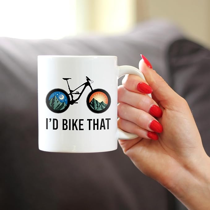 I'd Bike That Coffee Mug - Bicycle Themed Decor and Gifts for Mountain Bikers - 11oz White Ceramic Mug