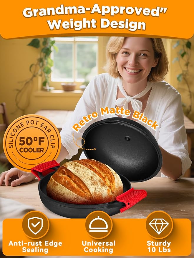 Dutch Oven Bread Baking Pot with Lid 6QT Cast Iron Design & Complete Sourdough Kit (Banneton Basket, Dough Tools, Silicone Sling) for Artisan Bread Making