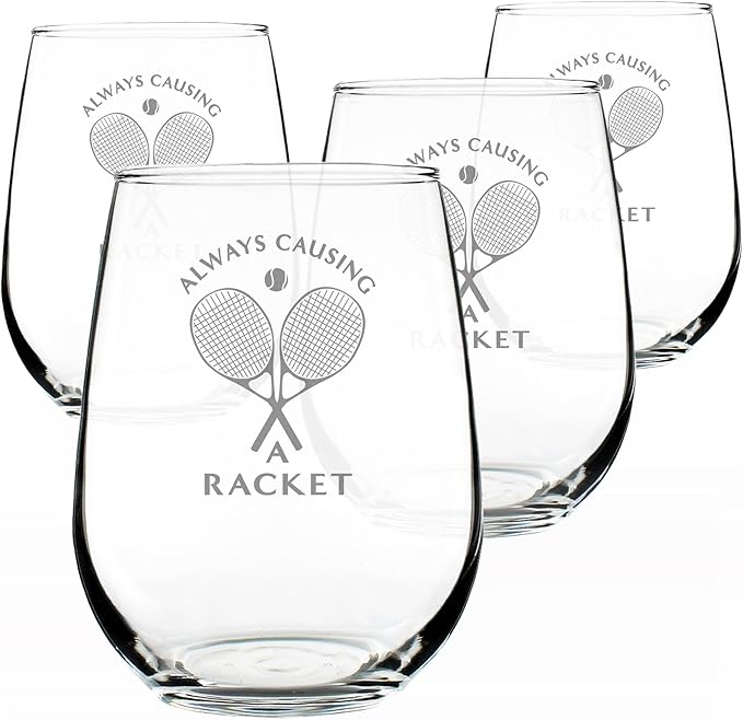 Bevvee Causing A Racket - Stemless Wine Glass - Funny Tennis Themed Decor and Gifts - Set of 4 - Large 17 Oz Glasses