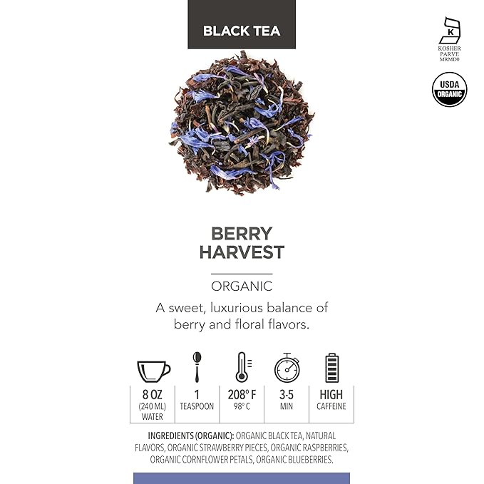 Teabloom Organic Fruity Black Tea, Berry Harvest Loose Leaf Tea, USDA Certified Organic & Kosher, Fresh Whole Leaf Blend in Reusable Gift Canister Makes 35-50 Cups