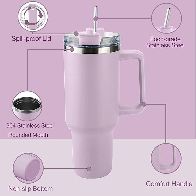 Ships Next Day,Birth Flower 40 Oz Tumbler with Handle and Straw, Personalized Tumbler with Name Insulated Cup Reusable Stainless Steel Water Bottle Travel Mug Christmas Birthday Gifts for Women
