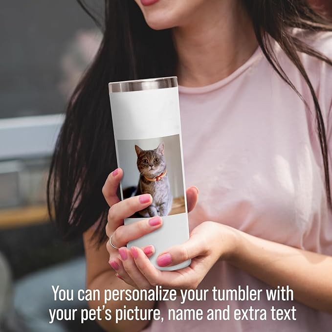 Custom pet picture tumbler with lid, insulated stainless steel 20oz personalized photo thermo cup for animal lovers, drinking glass for cat mom & dog dad, pet loss memorial gift (Pet pictures)