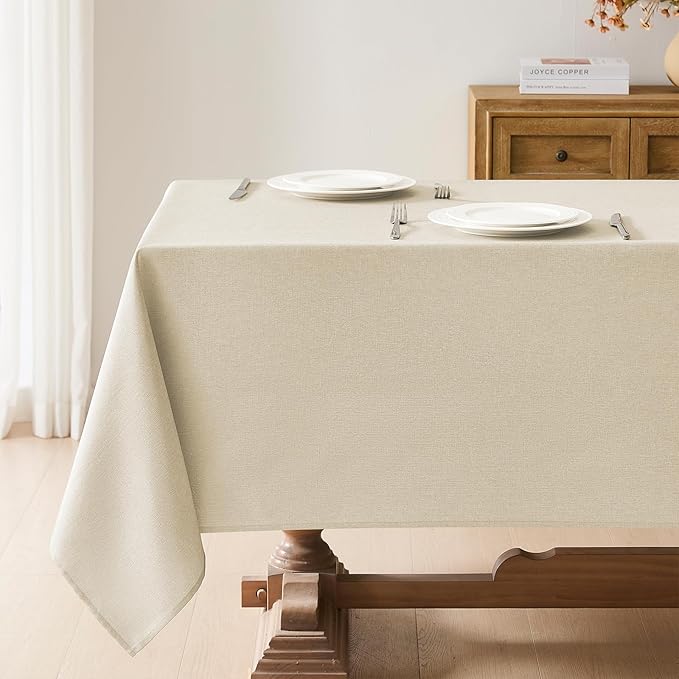 Faux Linen Tablecloths for Rectangle Tables, 2 Pack Burlap Textured Table Cloths Washable Farmhouse Table Cover Water Resistant for Dining, Wedding, Outdoor(Beige, 60"×104")