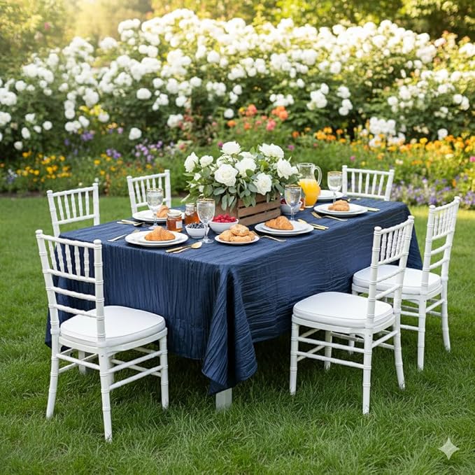 YOUR CHAIR COVERS - 60 x 102 inch Rectangular Crinkle Taffeta Tablecloth - Navy Blue, Rectangle Table Linens for 6 ft Rectangular Tables, Wedding Crushed Table Cloth