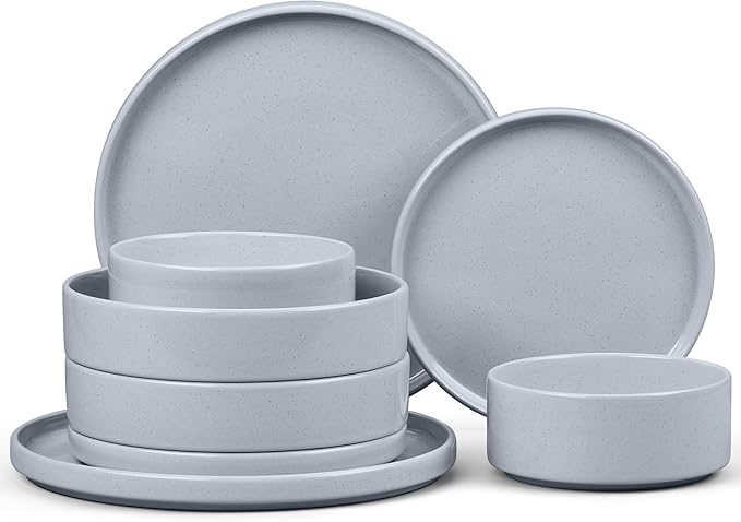 E-far 8-Piece Plates and Bowls Sets - Stoneware Dinnerware Sets with Pasta Bowls for 2 | Microwave & Dishwasher Safe Kitchen Modern Dish Set, Speckled Gray