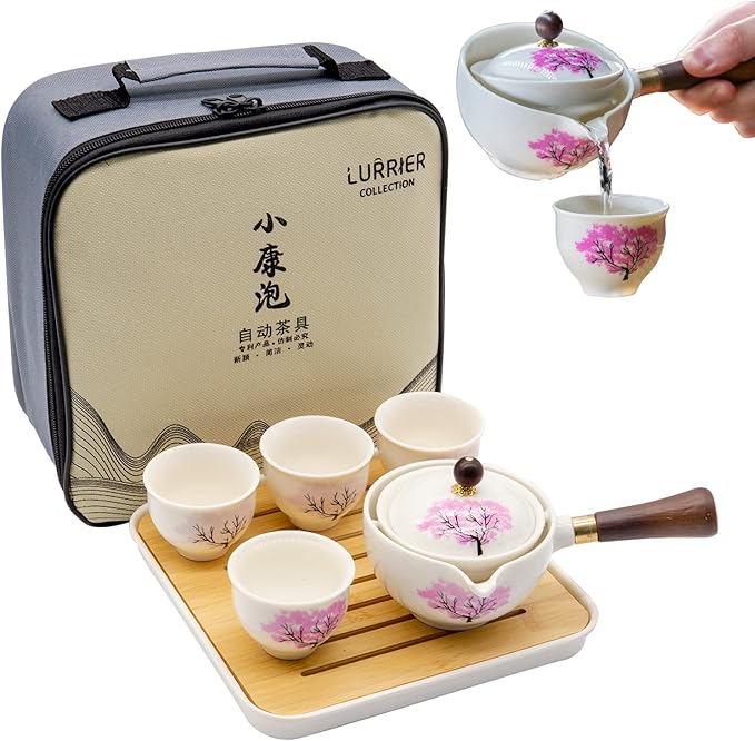 LURRIER Porcelain Chinese Gongfu Tea Set,Portable Teapot Set with 360 Rotation Tea maker and Infuser,Portable All in One Gift Bag for Travel,Home,Gifting,Outdoor and Office (Sakura)