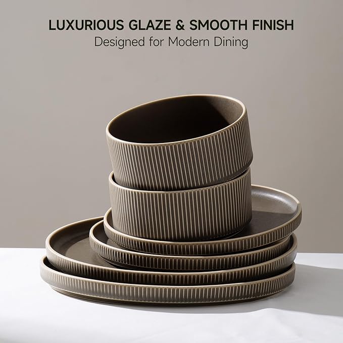 Dinnerware Set Service for 8, 24-Piece Ceramic Plates and Bowls Set, Chip & Scratch Resistant, Microwave and Dishwasher Safe, Modern Minimalist Tableware for Everyday Use, Matte Green