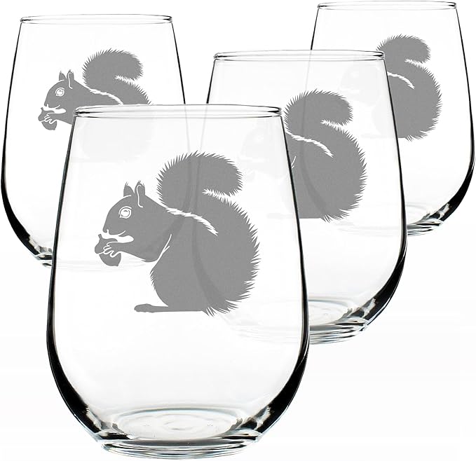 Bevvee Squirrel Stemless Wine Glass - Squirrel Gifts and Decor with Squirrels - Set of 4 - Large 17 Oz Glasses