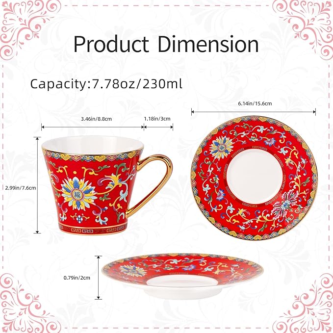 KAMMAK Tea Cups and Saucers Set of 2, Porcelain Coffee Cup with Saucer for Espresso, Cappuccino, 8oz Vintage Red and Blue Ceramic Novelty Mug for Home, Tea Party, Office