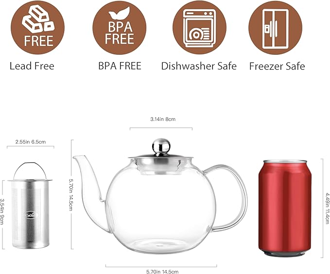 CNGLASS 40oz Glass Teapot with Removable Infuser,Clear Tea Kettle Stovetop Safe,Blooming and Loose Leaf Tea Maker Set