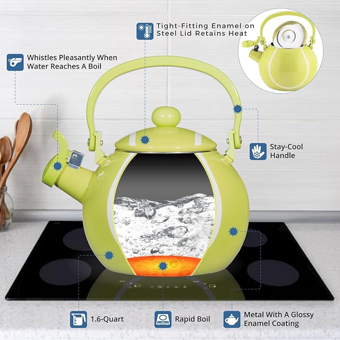 Whistling Tea Kettle for Stove Top Enamel on Steel Teakettle, Supreme Housewares Tennis Design Teapot Water Kettle Cute Kitchen Accessories Teteras (1.6 Quart, Tennis)