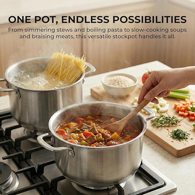 SUNHOUSE 18/8 Stainless Steel Stock Pot - 6 Quart Heavy-Duty Induction Cooking Pot with Visible Lid for Pasta, Soup, Spaghetti - Nonstick Thick-Bottom Deep Stockpot for Canning, Boiling, and Simmering