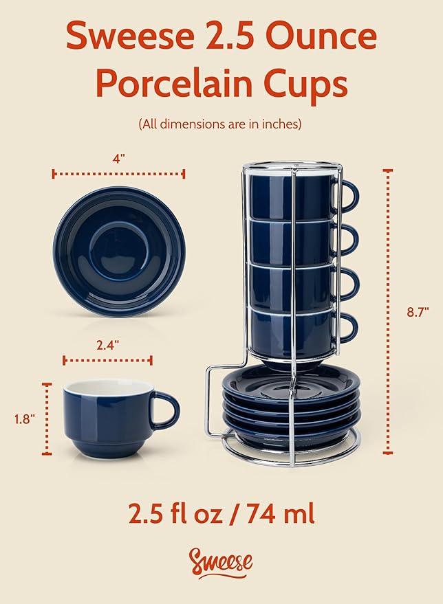 Sweese 2.5 Ounce Porcelain Stackable Espresso Cups with Saucers and Metal Stand Set of 4, Navy