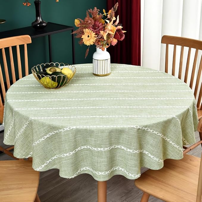 Zobesta 60 Inch Round Table Cloth Green, Linen Round Tablecloth Heavy Weight Washable Farmhouse Soft Boho Tablecloth for Party, Holiday, Picnic, Dining, Outdoor,Fall