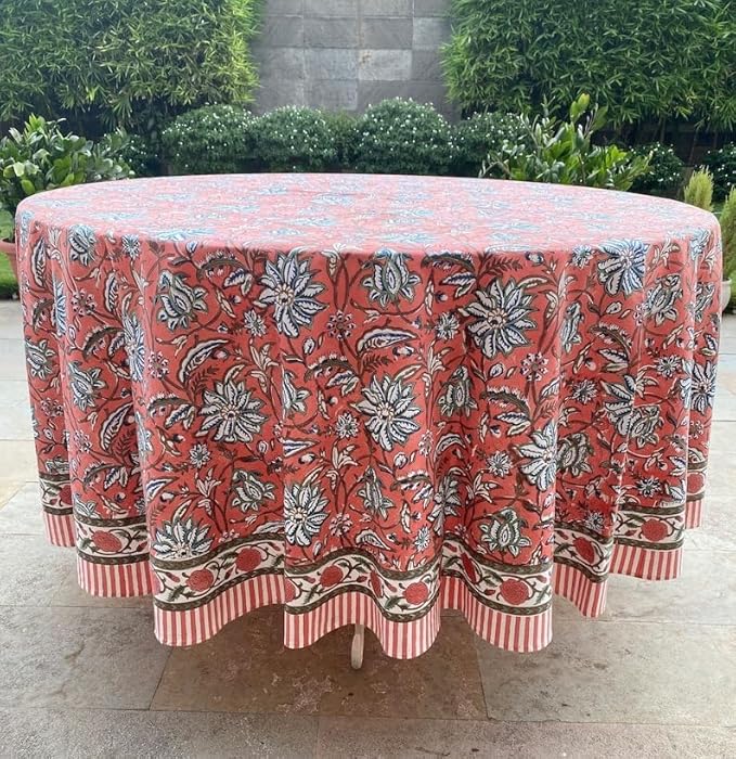 Ridhi Block Print Round Peach and Berry Blue Reusable Tablecloth 100% Cotton 110" Inch Decorative Table Cover eveyday Dining, Home, Party, Wedding, Farmhouse Gift for Spring, Easter, Valentine