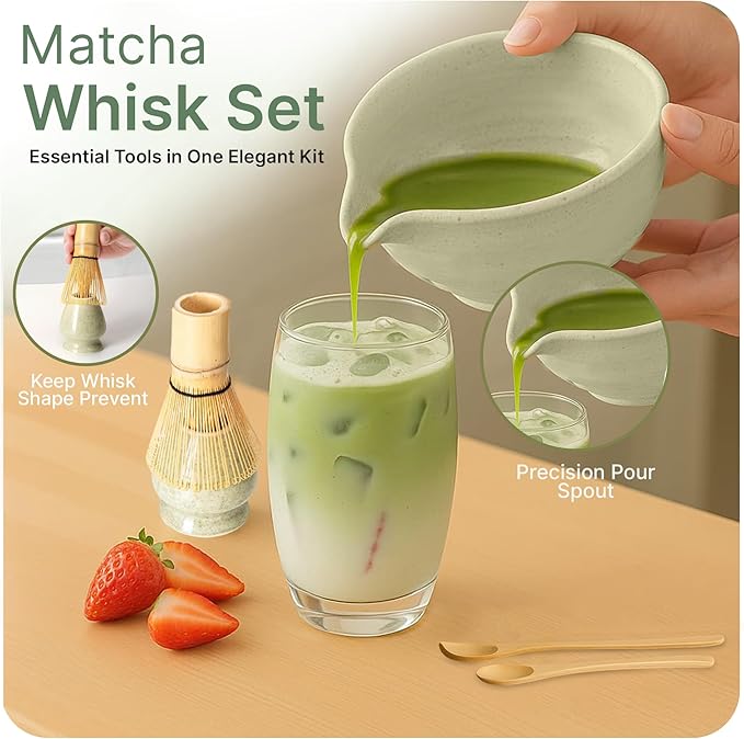 Matcha Whisk Set, Matcha Kit with Ceramic Matcha Bowl and Whisk, Japanese Matcha Set – 7 Piece Matcha Tea Set with Bamboo Chasen, Sifter, Scoop, Holder & Tea Towel, Christmas Gift for Matcha Lovers