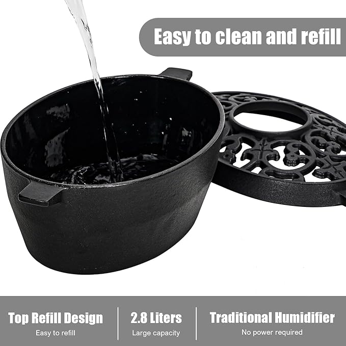 Wood Stove Steamer Humidifier, 2.5 Quart Cast Iron Pot with Porcelain Enamel Coating & Lattice Top, Rust Resistant, Decorative Humidifier for Fireplace, Home Indoor Use (Black)