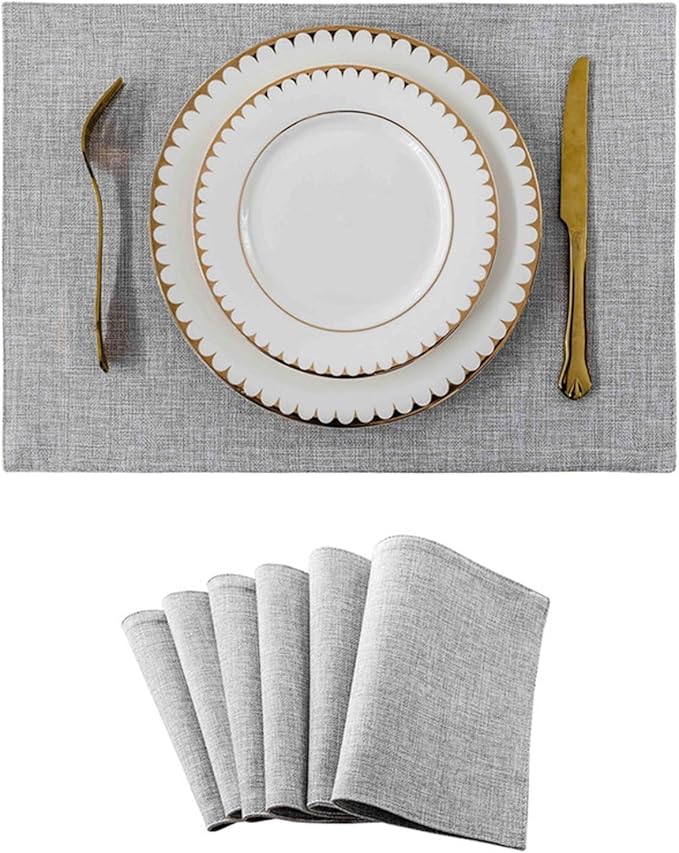 Placemat Set of 4/6 Washable Place Mats Placemats Heat Faux Linen Burlap Placemat for Dining Table Kitchen Table Mats(Gray 6 Pieces)