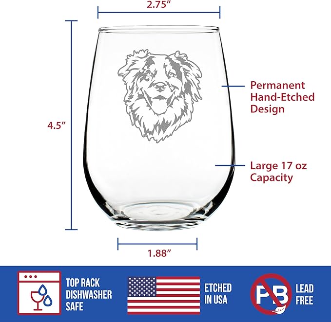 Custom Australian Shepherd Face - Stemless Wine Glass - Unique Dog Themed Decor and Gifts for Lovers of Aussies - Large 17 Ounce - Customized Glasses