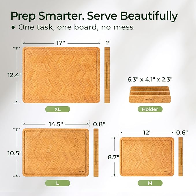 Atelier Collection Bamboo Cutting Board Set of 3, Reversible Wood Chopping Boards for Kitchen with Juice Grooves, Handcrafted Large Serving Tray, Luxury Housewarming Wedding Gifts for New Home