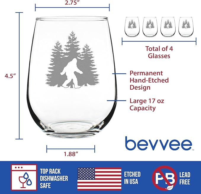 Bevvee Bigfoot Stemless Wine Glass - Funny Bigfoot Gifts for Sasquatch Enthusiasts - Set of 4-17 Oz Wine Glasses