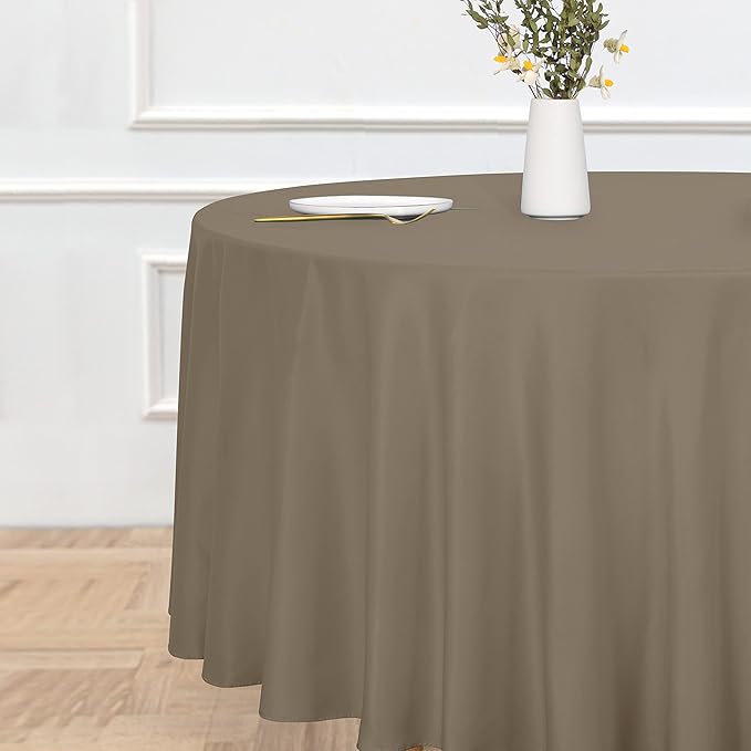 sancua Round Tablecloth - 108 Inch - Water Resistant Spill Proof Washable Polyester Table Cloth Decorative Fabric Table Cover for Dining Tables, Buffet Parties and Camping, Taupe