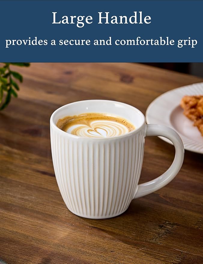 14oz Embossed Ceramic Coffee Cups - Set of 4, Lead-Free Microwave & Dishwasher Safe Coffee Mugs for Home Office Café Tea Cocoa