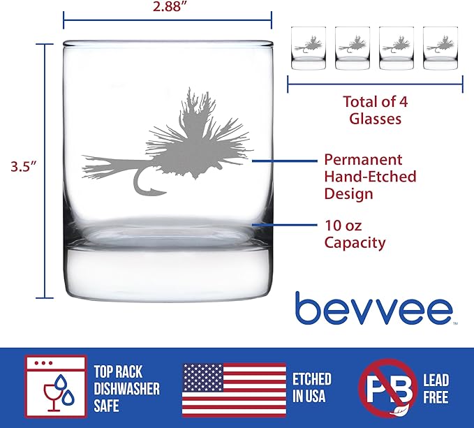Fly Fishing - Whiskey Rocks Glasses - Set of 4 - Unique Flyfishing Themed Gifts for Fishermen - 10.25 Ounce
