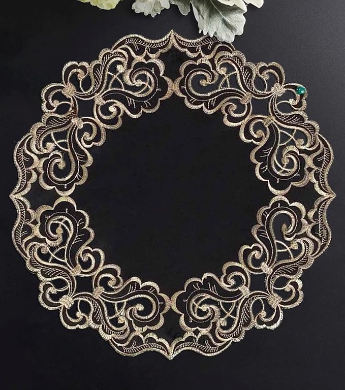 Decozen Set of 12 Doilies for Table, Lace Doilies - Rustic, Crochet, Farmhouse, Kitchen, Dining Table Centerpiece Decor - Round Christmas Placemats for Home - 15 inch Gold Black, Granada Collection