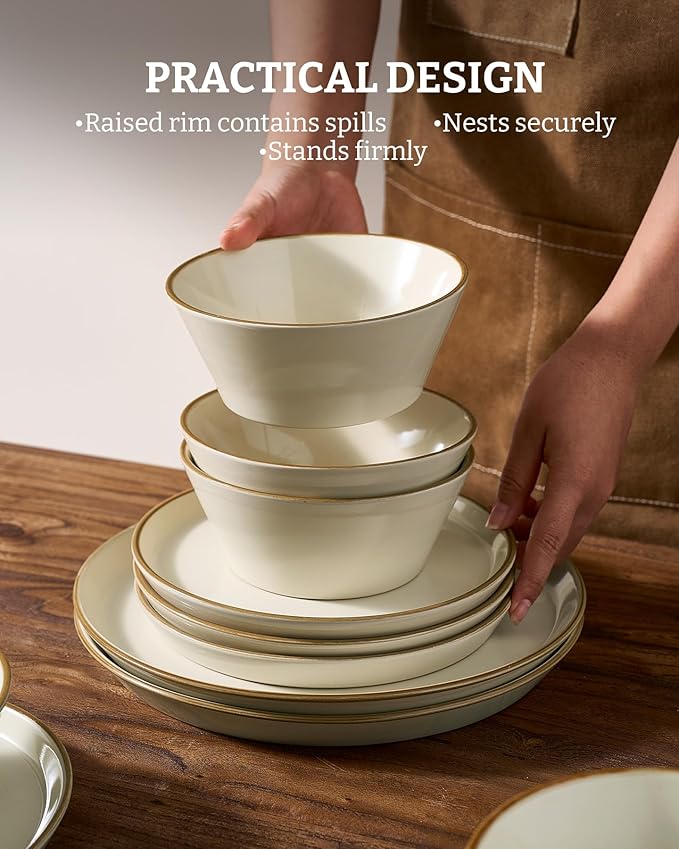 Famiware Saturn Stoneware Dinnerware Sets for 8 (24 Pieces), Ceramic Plates and Bowls Dish Sets with Hand-Painted Trim - Chip & Scratch Resistant, Microwave & Dishwasher Safe Tableware, Vanilla White