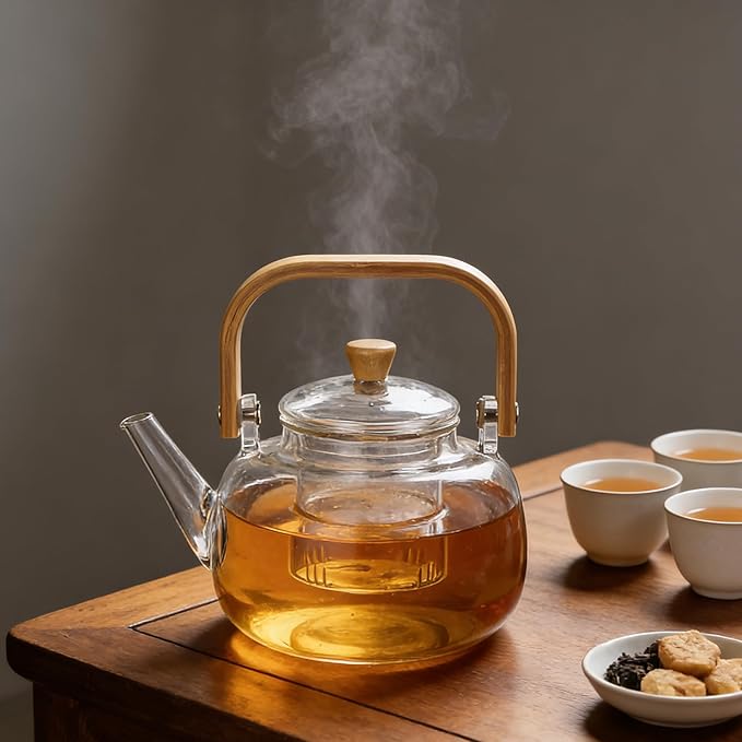 1500ml (50.72oz) Borosilicate Glass Teapot with Wooden Handle, Stovetop Safe Large Tea Kettle with Removable Glass Infuser for Blooming Tea and Loose Leaf Tea