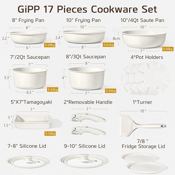 GiPP Ceramic Pots and Pans Set Non Stick, Nonstick Detachable Handle Cookware Sets, Healthy Non Toxic PFAS PFOA & PTFE Free, Dishwasher ＆Oven Safe, Induction Kitchen Pot and Pan