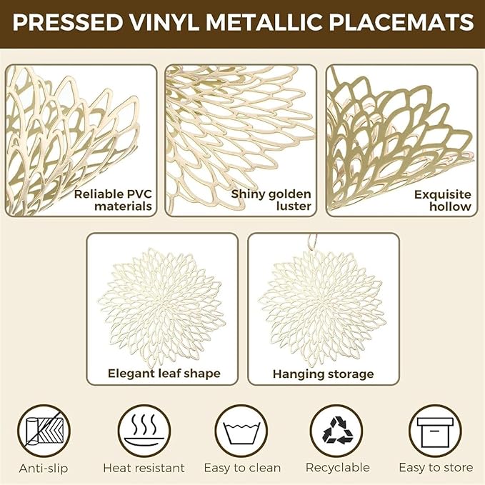PVC Placemats and Coasters Set Round Leaf Place Mats Washable Heat Table Mats for Morden Kitchen Dining Table(Gold,6 Set)