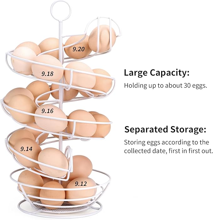 White Spiral Egg Holder Countertop, Metal Egg Skelter, Egg Dispenser Rack with Storage Basket for Countertop, Kitchen