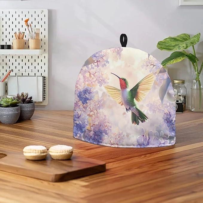 Hummingbird Purple Flower Tea Cozy for Teapot Insulated Tea Cosy Washable Tea Pot Dust Covers Breakfast Warmer for Home Kitchen Office Holiday Party Décor