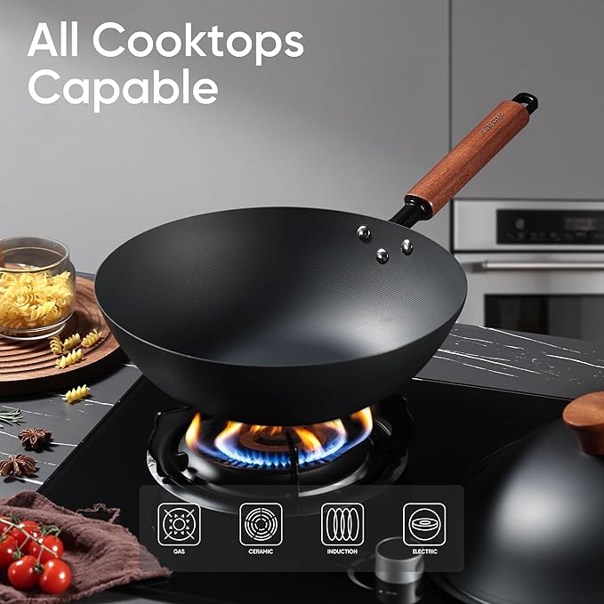 CAROTE 12.5" Carbon Steel Wok Pan, 6.5QT Woks & Stir-fry Pans Nonstick, No Chemical Coated Pre-Seasoned Flat Bottom Wok with Lid for Stir Fry, Chinese Cast Iron Wok Cooking Pan All Stovetop Compatible