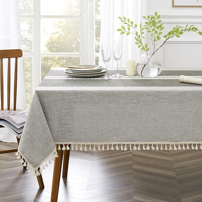 QIANQUHUI Embroidered Tablecloth for Dining Table,Dust Proof Spillproof Soil Resistant Cotton Linen Rectangle Table Cloths (Grey Lines, Rectangle/Oblong, 55'x70'', 4-6 Seats)