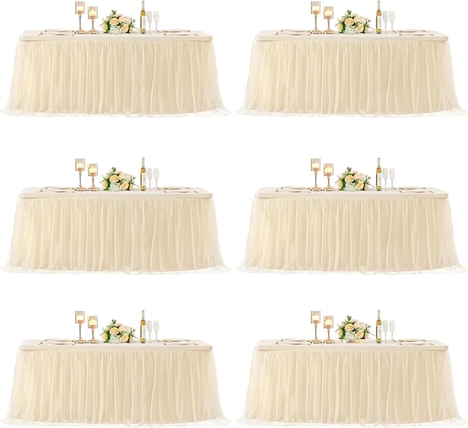 6 Pack 6ft Champagne Tulle Tablecloths for Rectangle Tables, 72 x 30 Inch Rectangular Table Cloth, Wrinkle Free Table Cover with Tutu Skirt for Wedding Birthday Party Banquet Buffet Decorations