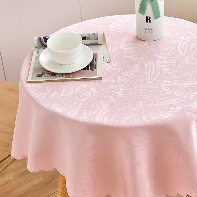 Square Tablecloth 36x36 Inch Leaves Pattern Scalloped Edge Waterproof Jacquard Nightstand End Table Cover for Coffee Teapoy Table Room Decor (Pink)