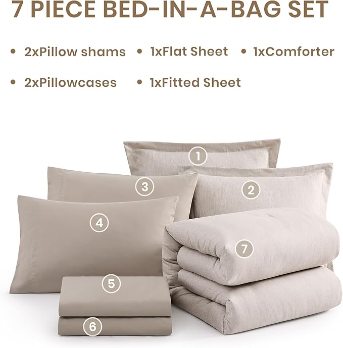 Monbix California King Comforter Set - 7 Pieces Cationic Dyeing Oatmeal Bed in a Bag Cal King Bed Sets with Comforter, Sheets, Pillowcases & Shams, Reversible Bedding Comforters Sets