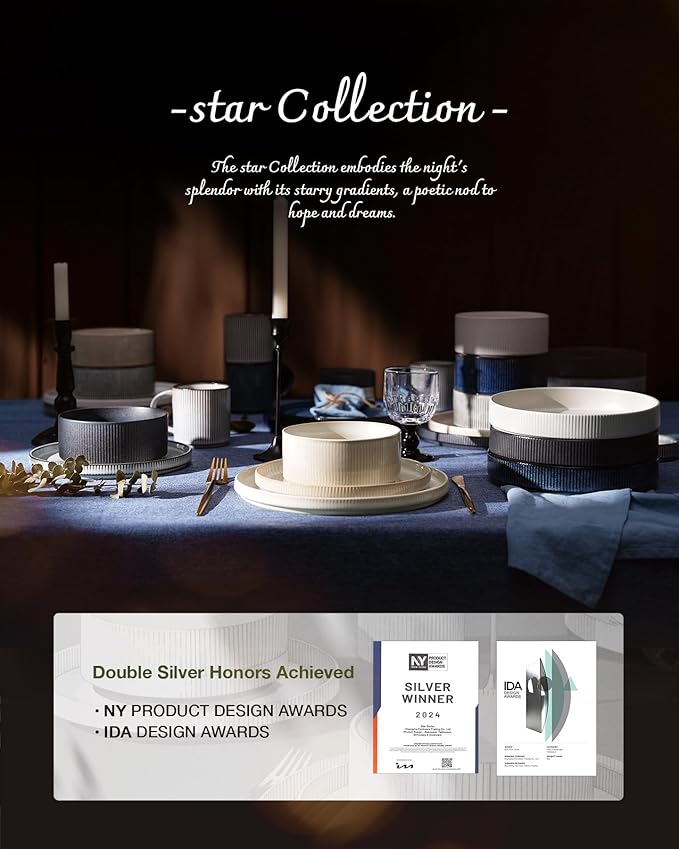 famiware Star Dinnerware Set, Plates and Bowls Sets for 6 (18pcs), Ribbed Stoneware Dishes - Chip & Scratch Resistant, Microwave & Dishwasher Safe Kitchenware, White