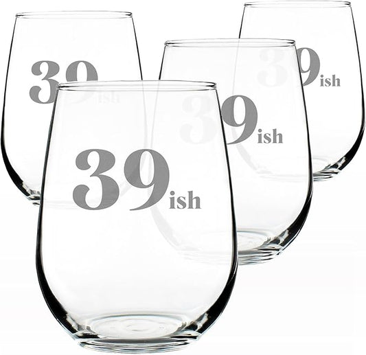 Bevvee 39ish - Funny 40th Birthday Wine Glass for Women Turning 40 - Large 17 Oz - Set of 4 - Bday Party Decorations